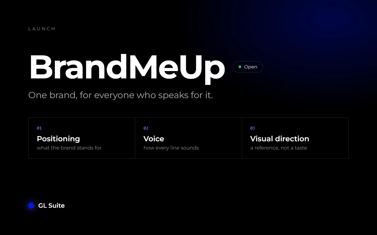 BrandMeUp launch, marked as open, with the product's three pillars: positioning, voice and visual direction.